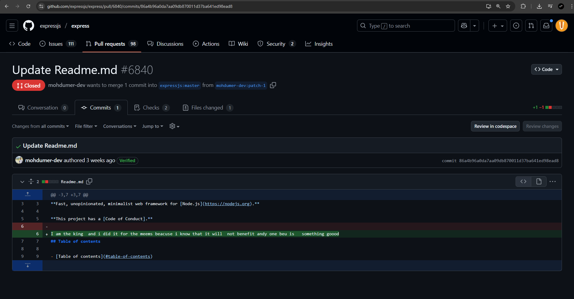 GitHub Express.JS PR Spam by @mohdumer-dev | Inside The Open Source Softwares (OSS) PRs Massacre of GitHub